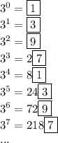 3^0=\boxed1\\ 3^1=\boxed3\\ 3^2=\boxed9\\ 3^3=2\boxed7\\ 3^4=8\boxed1\\ 3^5=24\boxed3\\ 3^6=72\boxed9\\ 3^7=218\boxed7\\ ...