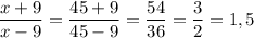 \displaystyle \frac{x+9}{x-9}= \frac{45+9}{45-9}= \frac{54}{36}= \frac{3}{2}=1,5