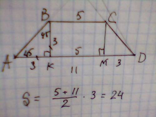 Врівнобічній трапеції нижня основа дорівнює 11, верхня дорівнює 5, а бічна сторона становить з основ