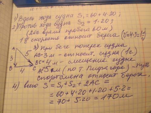 Спортсмен обегает палубу идущего вдоль берега судна по прямоугольной траектории размерами 60 м на 3