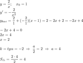 y=\dfrac{2}{x}; \ \ \ x_0=1\\ y'=-\dfrac{2}{x^2}\\ y_{kac}=\dfrac{2}{1}+(-\dfrac{2}{1})(x-1)=2-2x+2=-2x+4\\ \\ -2x+4=0\\ 2x=4\\ x=2\\ \\ k=tg \alpha =-2 \ \Rightarrow \ \dfrac{a}{2}=2 \ \Rightarrow \ a=4 \\ \\ S_\triangle=\dfrac{2 \cdot 4}{2}=4