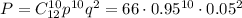 P=C^{10}_{12}p^{10}q^2=66\cdot0.95^{10}\cdot 0.05^2