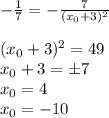 -\frac{1}{7} =-\frac{7}{(x_0+3)^2}\\ \\ (x_0+3)^2=49\\ x_0+3=\pm7\\ x_0=4\\ x_0=-10