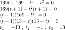 169t+169-t^3-t^2=0 \\ 169(t+1)-t^2(t+1)=0 \\ (t+1)(169-t^2)=0 \\ (t+1)(13-t)(13+t)=0 \\ t_1=-13 \ ; \ t_2=-1 \ ; \ t_3=13