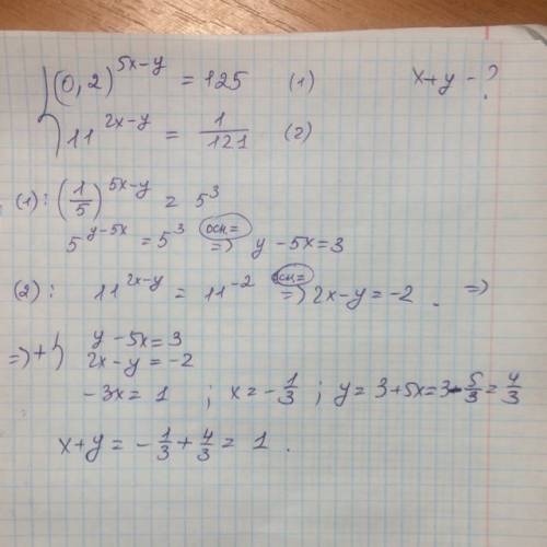 Если (х,у) -решение системы: 0,2 в степени 5х-у=125 и 11 в степени 2х-у=1/121 то сумма х+у будет