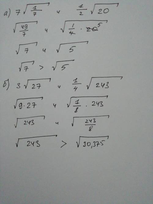 Сравните а) 7√1/7 и 1/2√20 б)3√27 и 1/4√243 заранее !