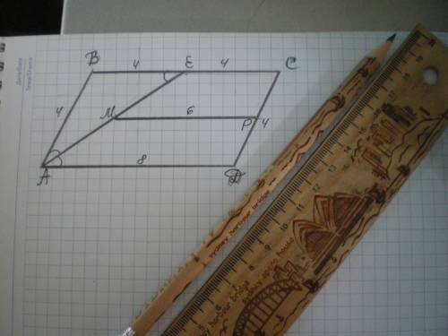 Впараллелограмме abcd биссектриса угла a пересекает сторону bc в точке e. длина стороны ad равна 8.