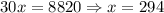 30x = 8820 \Rightarrow x = 294