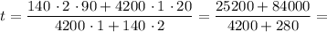 t = \dfrac{140 \ \cdotp 2 \ \cdotp 90 + 4200 \ \cdotp 1 \ \cdotp 20}{4200 \ \cdotp 1 + 140 \ \cdotp 2} = \dfrac{25200 + 84000}{4200 + 280} =