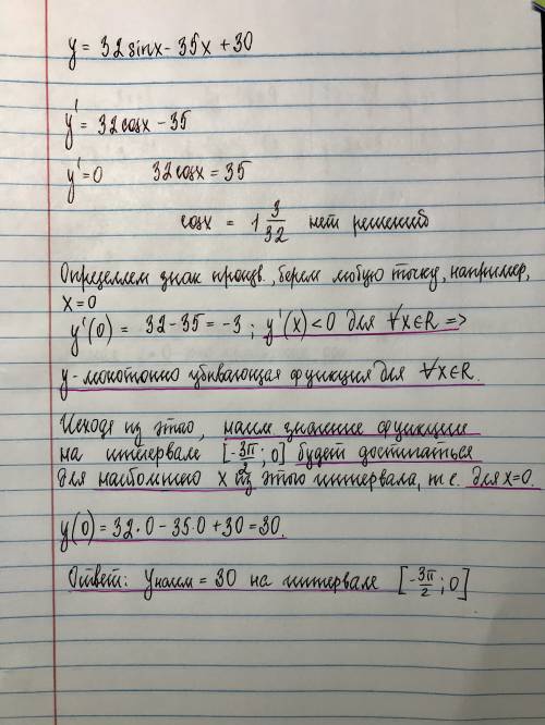 Найдите наименьшее значение функции y=32sinx−35x+30 на отрезке [− 3π/2; 0].