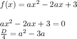f(x)=ax^2-2ax+3 \\ \\ ax^2-2ax+3=0 \\ \frac{D}{4}=a^2-3a