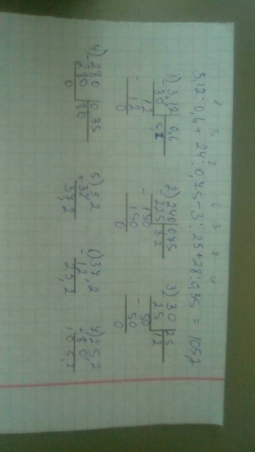 Вычислите значение (по действиям, в столбик) 3,12: 0,6+24: 0,75-3: 25+28: 0,35