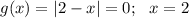 g(x)=|2-x|=0; \ \ x=2