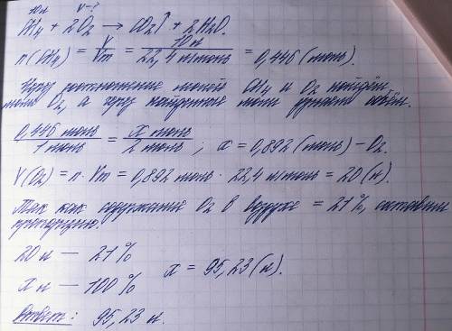 7. метан об’ємом 10 л (н. у.) повністю спалили. обчисліть, який об’єм повітря витратився під час реа