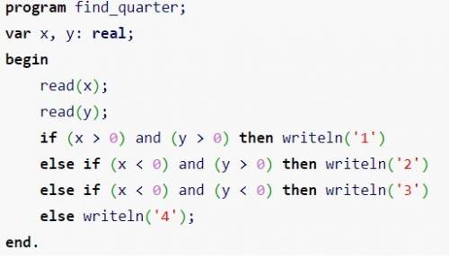 Составить программу паскаль. ввести координаты двух точек на плоскости ,на экран вывести номер четве