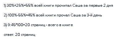 Саша прочитал книгу за три дня в 1 день -30% всей книги во 2 день -25% всей книги а в третий день ос