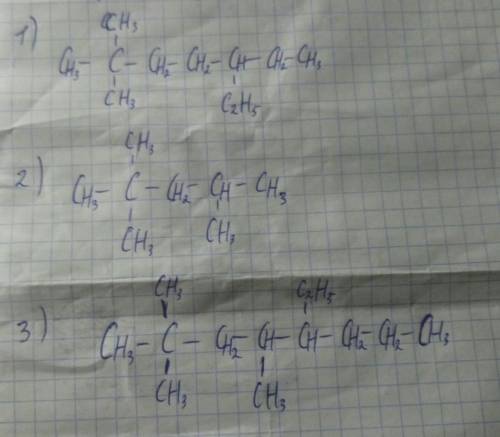 1)2,2 диметил-5 этил-шептан. 2) 2,2,4-триметилпентан 3)2,2,4триметил-5-этилоктан.