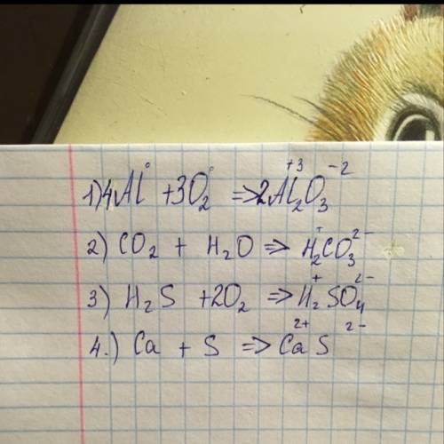 Составьте соответственно уравнения реакций 1)al+o2 2)co2+h2o 3)h2s+o2 4)ca+s