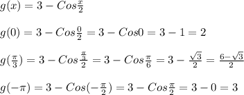 g(x)=3-Cos\frac{x}{2}\\\\g(0)=3-Cos\frac{0}{2} =3-Cos0=3-1=2\\\\g(\frac{\pi }{3})= 3-Cos\frac{\frac{\pi }{3} }{2}=3-Cos\frac{\pi }{6}=3-\frac{\sqrt{3} }{2} =\frac{6-\sqrt{3} }{2} \\\\ g(-\pi )=3-Cos(-\frac{\pi }{2})=3-Cos\frac{\pi }{2} =3-0=3