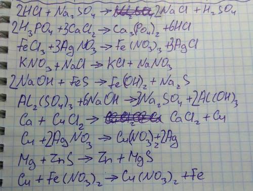 :) закончить уравнения возможных хим. реакций: hcl+na2so4 h3po4+cacl2 fecl3+agno3 kno3+nacl naoh+fes