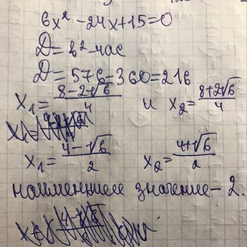 Укажите наименьшее значение квадратного трехчлена 6x^2–24x+15