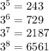 {3}^{5} = 243 \\ {3}^{6} = 729 \\ { 3}^{7} = 2187 \\ {3}^{8} = 6561