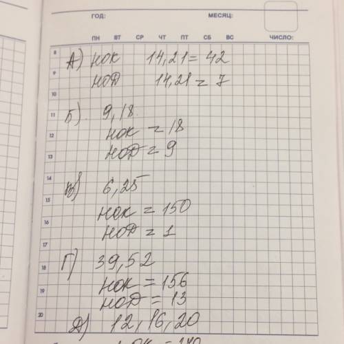 найдите: а)нок (14,21) и нод (14,21) б)нок (9,18) и нод (9,18) в)нок (6,25) и нод (6,25) г)нок (39,5