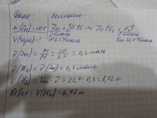 Рассчитайте сколько литров газа образуется при взаимодействии 20 г цинка с раствором соляной кислоты