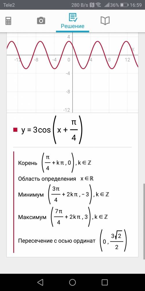 Постройте график тригонометрической функции и описать свойства функции y=3cos(x+п/4)