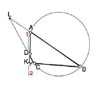 Четырёхугольник abcd вписан в окружность.лучи ba и cd пересекаются в точке l,а лучи bc и аd - в точк