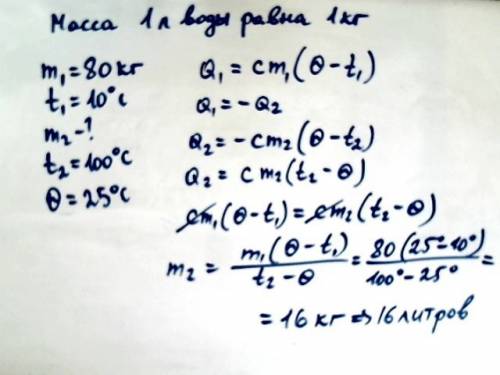 Вванну налито 80 л воды , которая имеет температуру 10 граусов цельсия . сколько литров воды ,котора