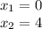 x_1=0 \\ x_2=4