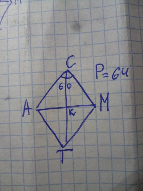 Найдите диагональ ам ромба сатм с периметром 64 см если угол с =60°