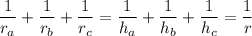 \dfrac{1}{r_a}+\dfrac{1}{r_b}+\dfrac{1}{r_c}=\dfrac{1}{h_a}+\dfrac{1}{h_b}+\dfrac{1}{h_c}=\dfrac{1}{r}