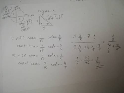 Известно, что ctg= -2 найдите: 2сos²α-7sin²α / 3сos²α+4sinα*cosα