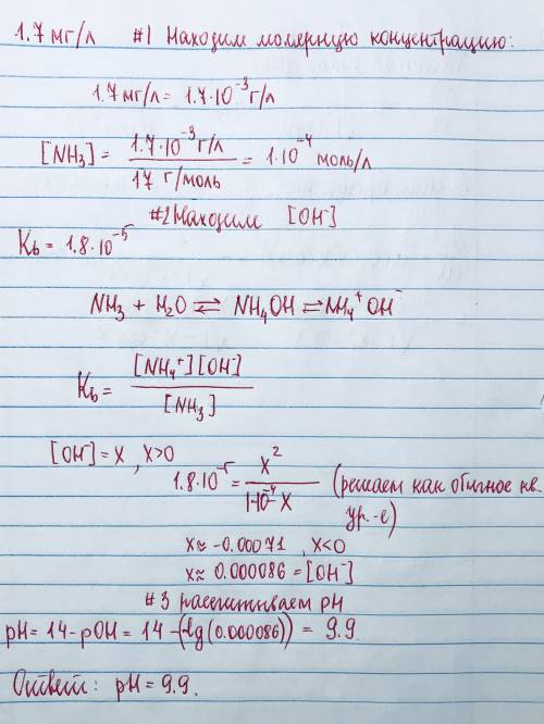 Определить рн раствора, если в нем содержится 1,7 мг/л аммиака.