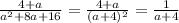 \frac{4+a}{a^{2}+8a+16}=\frac{4+a}{(a+4)^{2}}=\frac{1}{a+4}