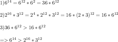 1)6^{14}=6^{12}*6^2=36*6^{12}\\\\2)2^{16}*3^{12}=2^4*2^{12}*3^{12}=16*(2*3)^{12}=16*6^{12}\\\\3)36*6^{12}16*6^{12}\\ \\ =6^{14}2^{16}*3^{12