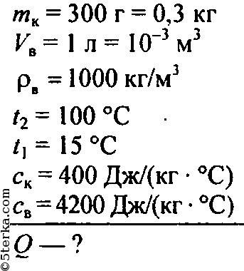 Медная кастрюля массой 300г вмещает 1 кг воды. какое количество теплоты необходимо, чтобы в этой кас