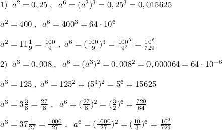 1)\; \; a^2=0,25\; ,\; \; a^6=(a^2)^3=0,25^3=0,015625\\\\a^2=400\; ,\; \; a^6=400^3=64\cdot 10^6\\\\a^2=11\frac{1}{9}=\frac{100}{9}\; ,\; a^6=(\frac{100}{9})^3=\frac{100^3}{9^3}=\frac{10^6}{729}\\\\2)\; \; a^3=0,008\; ,\; \; a^6=(a^3)^2=0,008^2=0,000064=64\cdot 10^{-6}\\\\a^3=125\; ,\; a^6=125^2=(5^3)^2=5^6=15625\\\\a^3=3\frac{3}{8}=\frac{27}{8}\; ,\; \; a^6=(\frac{27}{8})^2=(\frac{3}{2})^6=\frac{729}{64}\\\\a^3=37\frac{1}{27}=\frac{1000}{27}\; ,\; \; a^6=(\frac{1000}{27})^2=(\frac{10}{3})^6=\frac{10^6}{729}
