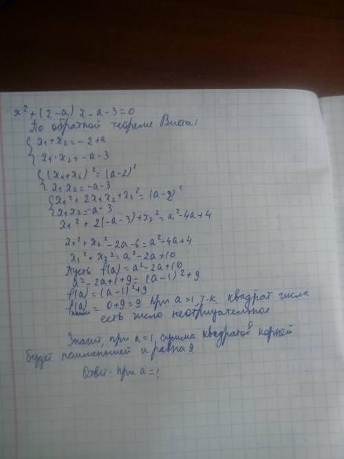 Определите a так, что бы сумма квадратов корней уравнения x^2+(2-a)×x-a-3=0 была наименьшей