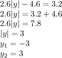 2.6|y|-4.6=3.2\\2.6|y|=3.2+4.6\\2.6|y|=7.8\\|y|=3\\y_{1}=-3\\y_{2}=3