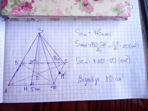 Знайти площу бічної поверхні правильної чотирикутної піраміди сторона якої дорівнює 5 см а апофема 8
