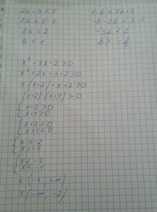 Решите, , эти номера: 1. решите неравенство а) 2а+3< 5 б) 1-b< 2b+3 2. решите неравенство x^2+