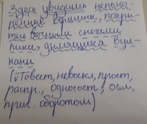 Проведите синтаксический разбор предложения: здесь увидишь непокорённые вершины, покрытые вечными сн