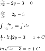 \frac{dy}{dx}-2y-3=0\\\\ \frac{dy}{dx}=2y-3\\\\\int \frac{dy}{2y-3}=\int dx\\\\\frac{1}{2}\cdot ln|2y-3|=x+C\\\\ln\sqrt{2x-3} =x+C