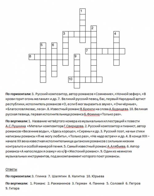 Кроссворд по теме романс 10 вопросов (ответы)