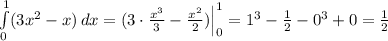 \int\limits^1_0(3x^2-x)\, dx=(3\cdot \frac{x^3}{3}-\frac{x^2}{2})\Big |_0^1=1^3-\frac{1}{2}-0^3+0=\frac{1}{2}