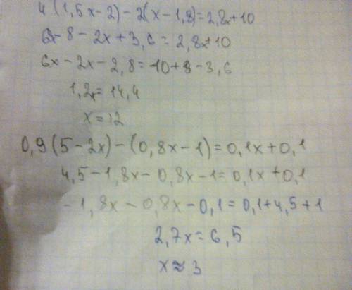 Решить уравнения подробно 2*(1.5x-2)-2*(x-1.8)=2.8x+10 4*(1,5x-2)-2*(x-1,8)=2,8x+10 0,9*(5-.8x-1)=0,