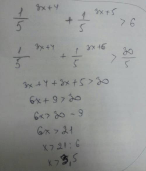 Решите неравенство: (1/5)^(3x+4)+(1/5)^(3x+5)> 6